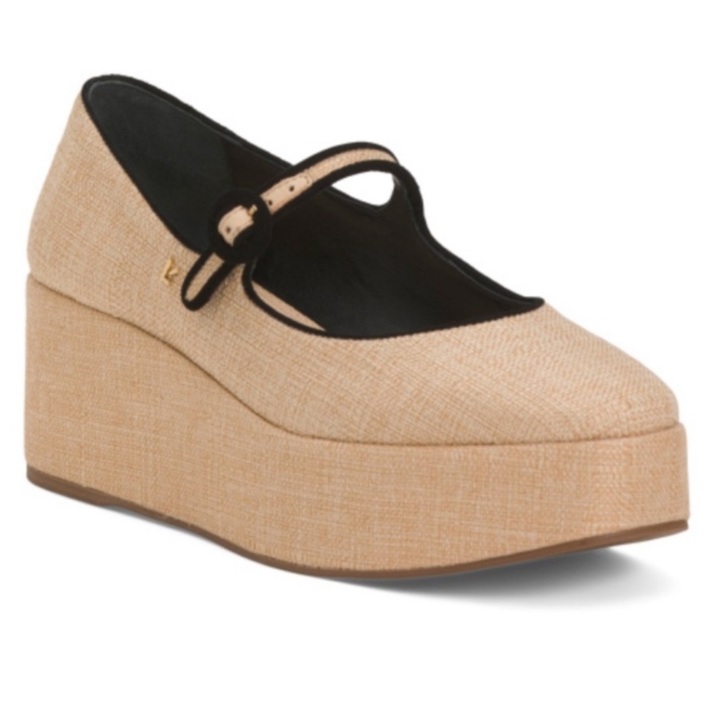 Larroude Blair Flatform Raffia Beige Mary Janes